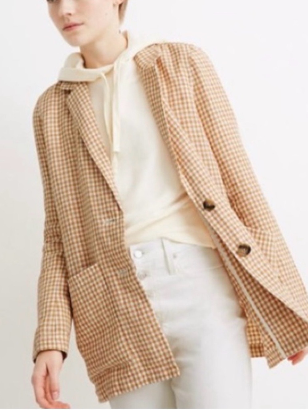 Madewell Dorset Blazer 100% Linen Tan White Gingham Check Jacket Minimalist Sz M